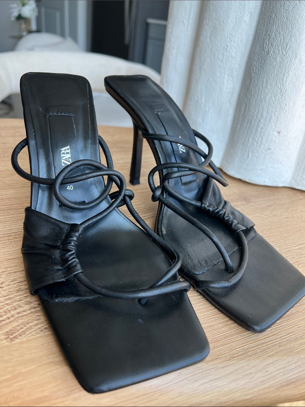 Zara Black Strappy Loop-Detail Square-Toe Stiletto Sandals